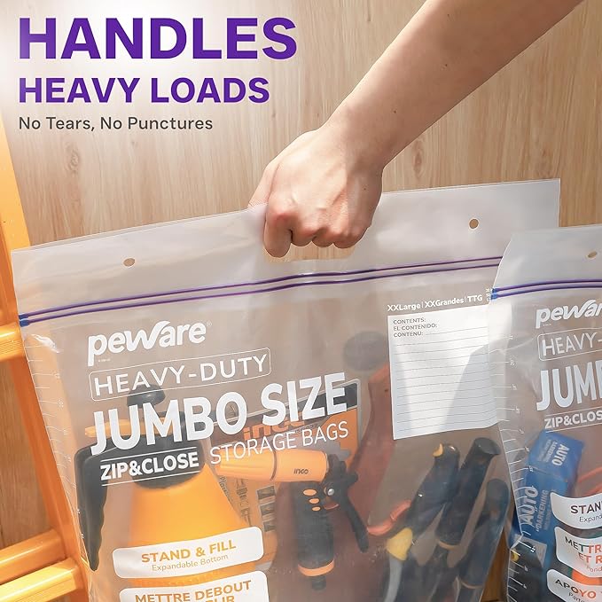 10 Gallon Heavy Duty Large Storage Bags with Handle – 20" x 26" Resealable Zipper Top, Oversized Storage Solution for Clothes, Food, Pillow, Bedding, Household, BPA-Free, Pack of 15, 6 Mil Thick
