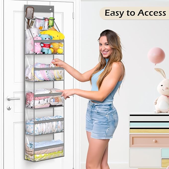 MISSLO Full Clear PVC Over The Door Organizer Hanging Closet Storage with 5 Large Pockets and 3 Top Plastic Pouches for Pantry, Bathroom, Bedroom to Store Clothes, Diapers