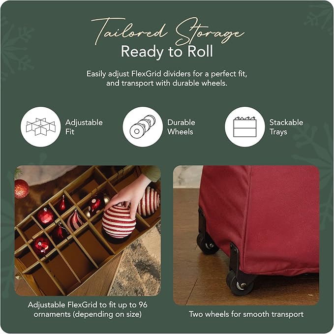 Covermates Keepsakes Rolling Adjustable Ornament Storage Bag – Heavy-Duty Polyester, FlexGrid Trays & Padded Dividers – Protective Holiday Organizer with Wheels, Handles & ID Window, Red