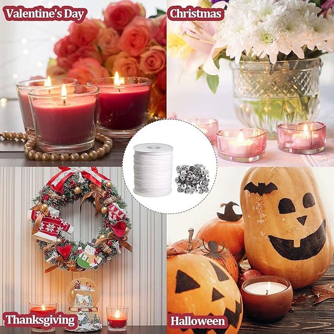 200 ft Braided Candle Wicks 100% Cotton 15 PLY for Candle Pillars in 1 1/4" Dia, for Paraffin Wax Soy Beeswax Candle Making, Sold Separately 200 PCS Candle Wick Sustainer Tabs Metal 14mm