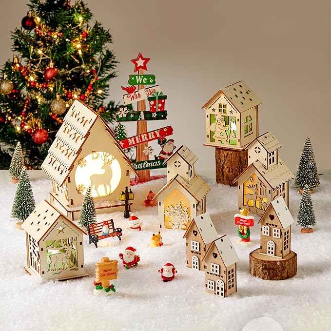 29pcs Christmas Village Sets Lighted DIY Wooden Christmas Village Houses for Crafts Accessories Wood House to Paint with Xmas Miniatures Trees Winter Snow Xmas Display Ornaments Craft Gift