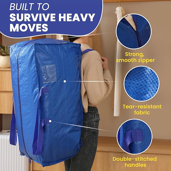 AXIESO Extra Large Moving Bags - 6-Pack Heavy Duty Storage Duffel - Sturdy Backpack Straps Handles, Zippers - Reusable Moving Storage Bags for Clothes - Folding Collapsible Storage Tote Bag Set – Blue