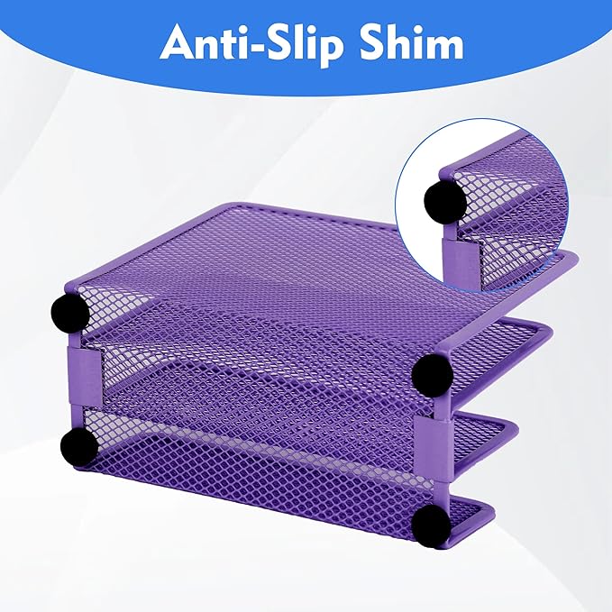 EASEPRES Desk Mail Organizer, Office Small Desktop Metal Mesh Envelope Letter Sorter Paper File Holder Organizer with 3 Vertical Upright Compartments, Purple 2 Pack