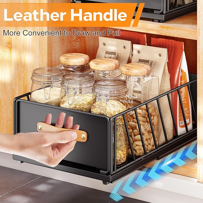 Pull out Cabinet Organizer,Heavy Duty Slide out Pantry Shelves Drawer Storage with Adhesive Nano Film,Sliding Mesh Cabinet Basket with Handle for Kitchen, Bathroom, Home, 13.8"W X 15.7"D X 6.2"H,Black