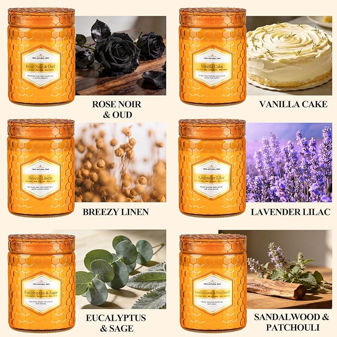 6 Pack Natural Soy Wax Jar Candles for Home, Scented Aromatherapy Gift Set for Women, 33 oz 240 Hour Long Lasting, for Birthday, Valentine's Day, Amber