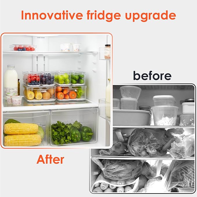 SMRCAD Fridge Organizers and Storage, 6 Pack Clear Freezer Organizer Bins with Lids for Kitchen, Pantry, Refrigerator, Food, Fruit, Vegetable Storage