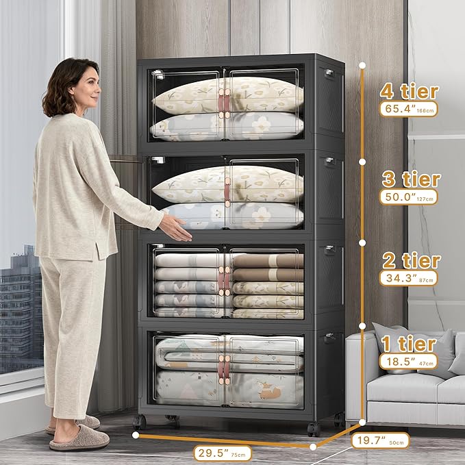UAMFURI Stackable Storage Bins with Lids, 1280QT Closet Organizers and Storage with Doors and Wheels, Extra Large Storage Cabinet, Collapsible Plastic Drawers for Bedroom Kitchen Office Garage