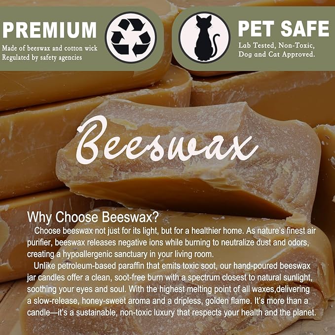 Organic Beeswax Candles in Glass Jar, 100% Pure Beeswax Jar Candles, 2-Wick Unscented Bees Wax Candle for Home, Gifts for Women & Men, Non Toxic, Natural, 40 Hour (Style 1)
