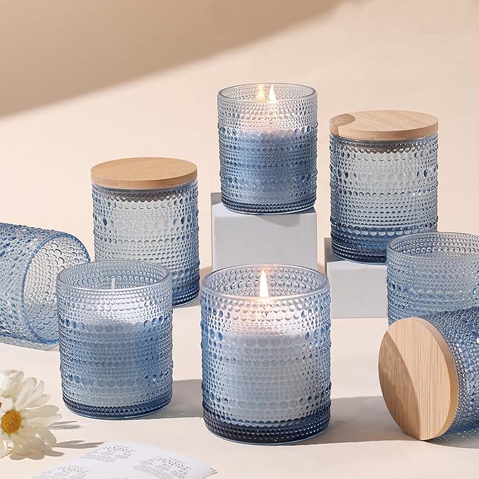 DEVI Assorted Blue Glass Candle Jars for Making Candles (8 Pack),8 oz & 14 oz Candle Jars with Bamboo Lids & Labels, Bulk Empty Storage Containers, Candle Tins Making Supplies, Blue Table Decor