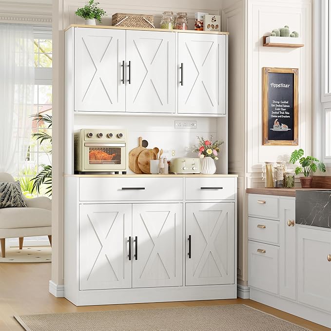 Vongrasig Farmhouse Pantry Cabinet with Charging Station, Tall Kitchen Pantry with Microwave Stand, Storage Drawers & Shelves, Large Kitchen Hutch for Living Room, Dining Room, White