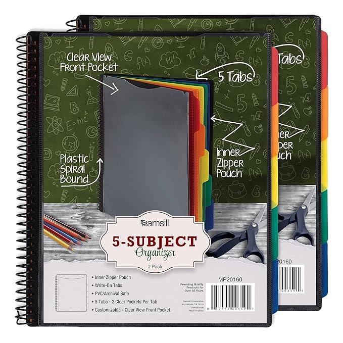 Samsill Spiral Folder Organizer (2-Pack)- 5 Dividers & 10 Pockets with Zipper Pouch, Multi Pocket Color Cordinated Folder Binder with Customizable Tabs, Document Organizer (Basic)