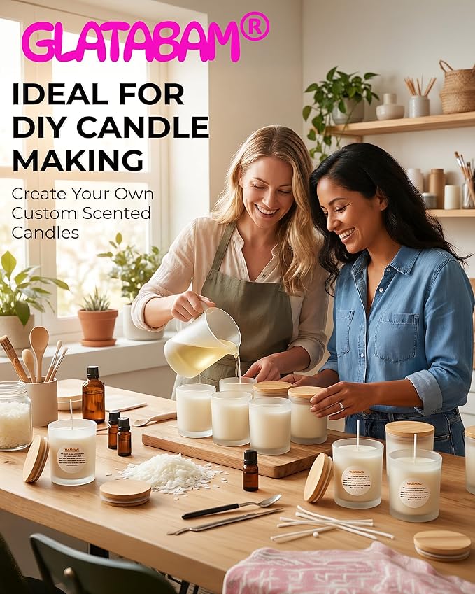 GLATABAM 7 OZ Candle Jars 12 Pack - Bulk Glass Candle Making Jars with Bamboo Lids & Labels, Heat Resistant Empty Reusable Candle Vessel for Containers(Frosted White)