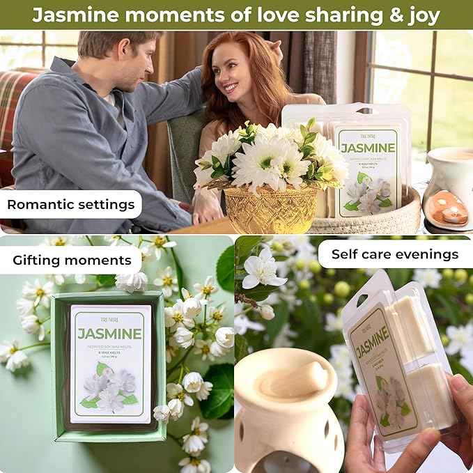 TRUMIRI Jasmine Scented Wax Melts - Made with Non Toxic Soy Wax and Essential Oils - Bulk Pack of 4 Total 32 Wax Melts - Long Lasting Strong Scent Pet Safe Floral Candle Wax Cubes Tarts for Warmers