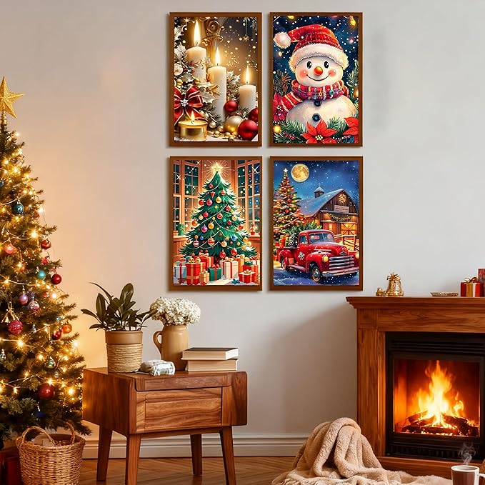 4 Pack Christams Paint by Numbers Kit for Adults with Frame and Wooden Easel, Christams Paint by Number Kit, Acrylic Painting Crafts for Home Decor Gift (7.8x11.8inch Snowman Candle Truck Tree)