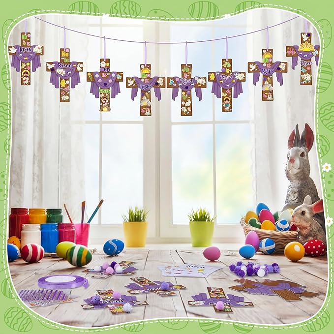 Funrous 48 Sets Easter Religious Crafts Bulk He is Risen Cross Paper Crafts DIY Easter Jesus Christian Hanging Ornaments Arts with Stickers Pompoms for Sunday School Vbs Classroom Spring Activities
