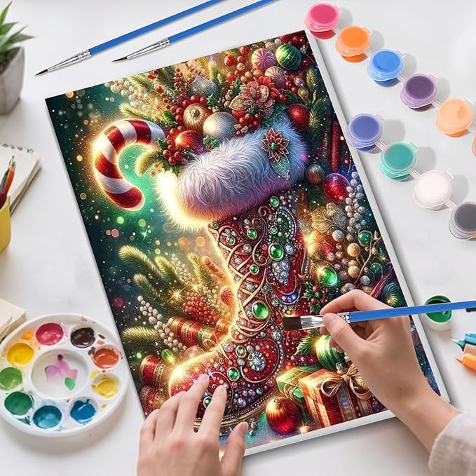 TCDZMYGS Christmas Paint by Numbers Kit for Adults Beginner,Boots Paint by Number Kits with Frame,DIY Acrylic Oil Painting by Numbers for Home Wall Decor 9.5 x 11.8 inch
