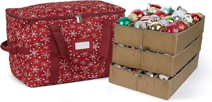 Covermates Keepsakes Adjustable Ornament Storage Bag – Heavy-Duty Polyester, Padded Dividers & FlexGrid Trays – Protective Holiday Ornament Organizer with Handles & Label Window, Red Snowflake