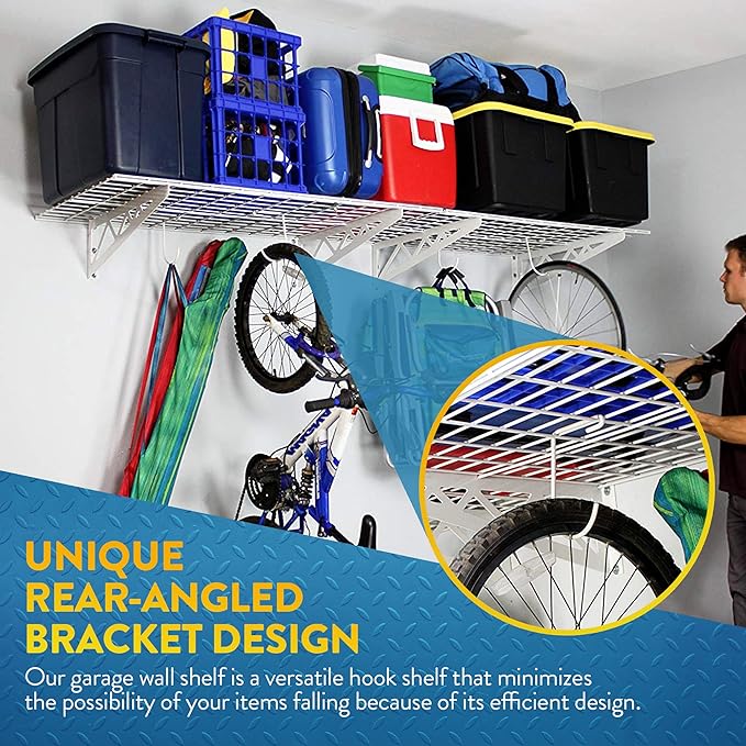 MonsterRax | Garage Wall Shelf Two-Pack White or Hammertone | Three Size Options | Includes Bike Hooks | 500lb Weight Capacity (White, 18"x48" or !8"x96")
