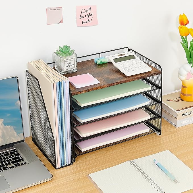 OPNICE Desk Organizer, 5-Tier Paper Organizer Letter Tray with Magazine Holder, Office Desk Accessories & Workspace Organizers, Desktop File Organizer for Office Supplies Storage, Wood