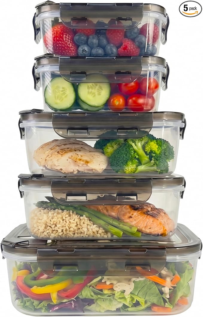 BPA-Free Plastic Airtight Food Storage Containers with Vented Lids, 5-Pack Assorted Sizes (2×1.7, 2×3.4 & 1×5.9 Cups) for Meal Prep and Leftovers