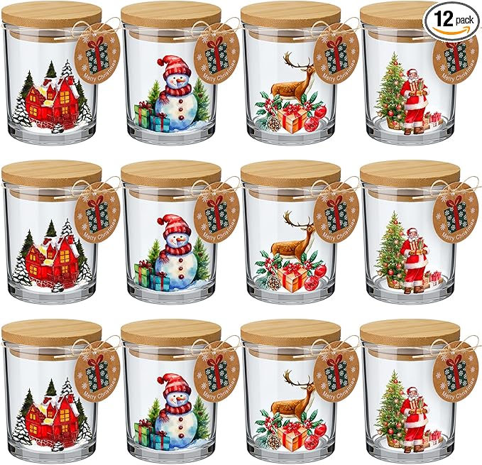 Potchen 12 Pack Christmas Santa Claus Clear Candle Jars for Making Candles 7 oz Empty Glass Jars with Wood Lids and Blessing Card Snowman Candle Containers for DIY Gifts Home Tea Party Holiday Decor