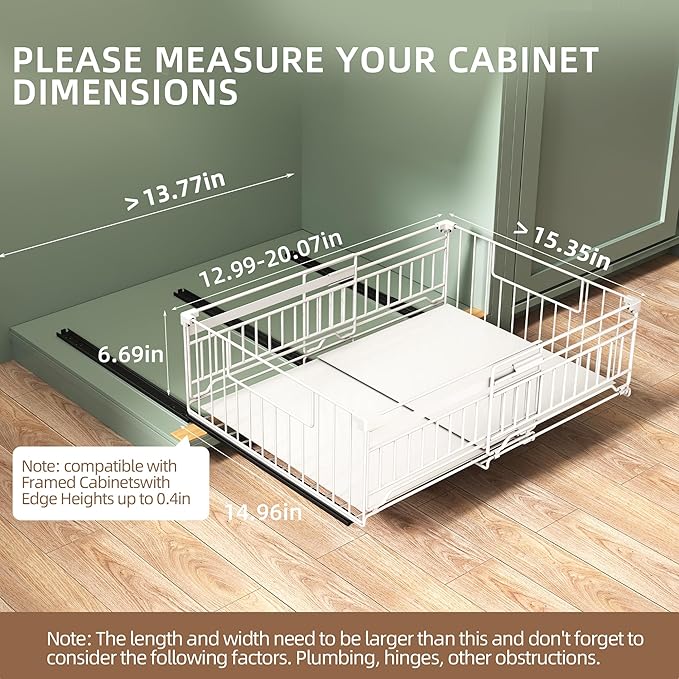 NETEL 2 Pack Expandable Pull Out Cabinet Organizer, Raised 6.69" guardrail, Adjustable Width 13"-20.07", 3 Rails No Drill Adhesive Peel And Stick, Adhesive Pull Out Drawers for Cabinets, White