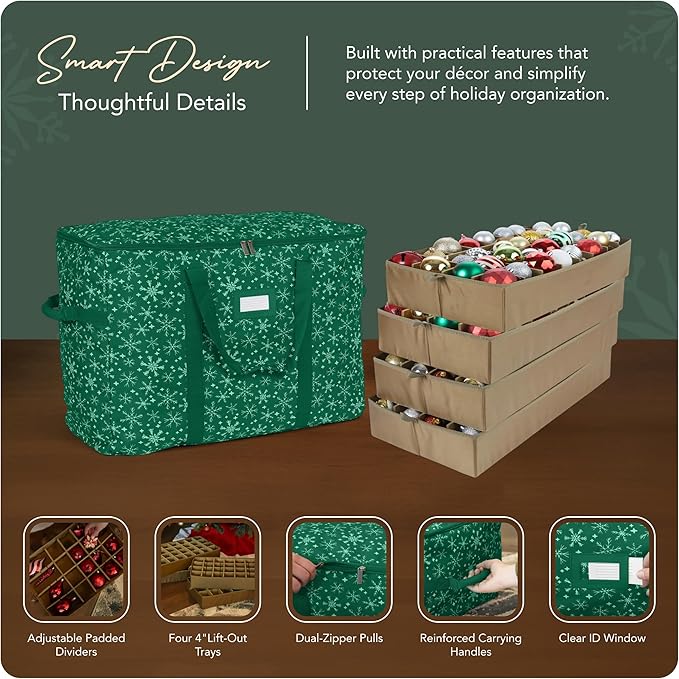 Covermates Keepsakes Adjustable Ornament Storage Bag – Heavy-Duty Polyester, Padded Dividers & FlexGrid Trays – Protective Holiday Ornament Organizer with Handles & Label Window, Green Snowflake