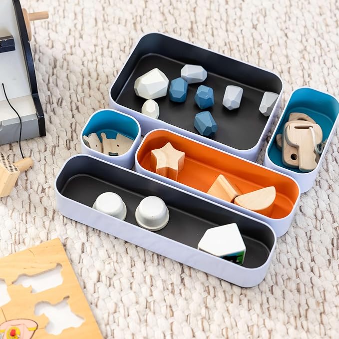 Three by Three Seattle 10 Piece Metal Organizer Tray Set for Storing Makeup, Stationery, Utensils, and More in Office Desk, Kitchen and Bathroom Drawers (2 Inch, Multicolor)