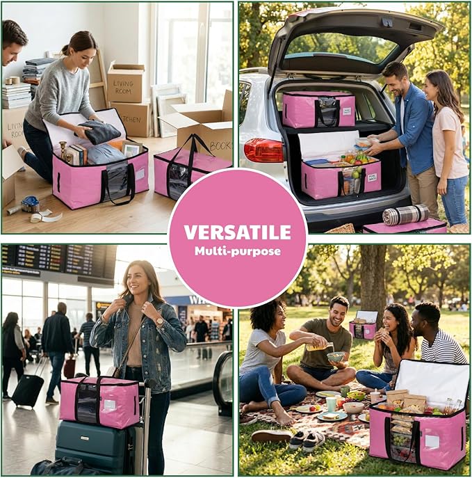 6-Pack Extra Large Heavy Duty Moving Bags with Zippers & Reinforced Handles - Pink Clothes Storage Bags, Oversized Packing Totes for Moving & Organizing