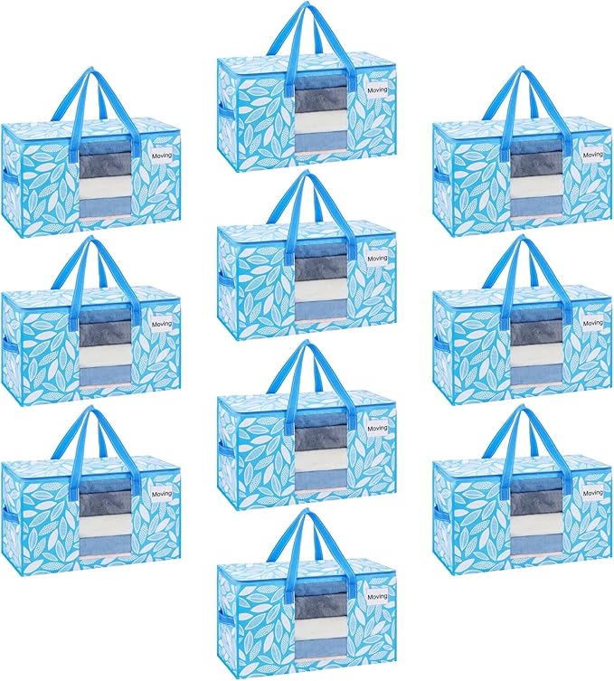 VENO 10 Pack Pack Heavy Duty Moving Bags, Clothes and Comforter Storage Bags with Clear Window, College Dorm Essentials Packing Supplies, Foldable Boxes Alternative (Spring Breeze, 10 Pack)