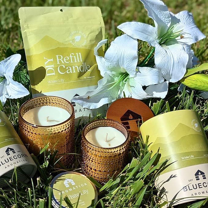 Bluecorn Aromática White Lily Scented Candle Refill Kit – Blooming Lilies, Foliage & Violet | Clean-Burning Coconut Wax | Non-Toxic Fragrance | 100% Compostable Pouch | DIY Candle Refill | Made in USA