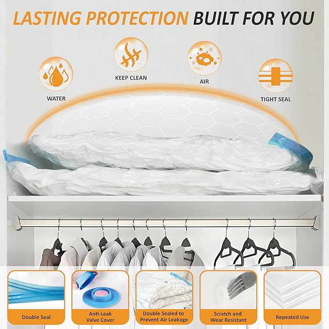 Cozy Essential Vacuum Storage Bags, 80% Compression Vacuum Seal Space Saver Plastic Packaging Bags for Clothes, Blankets, Pillow, Bedding, Comforters, Sealer Clothing Storage,10 Jumbo