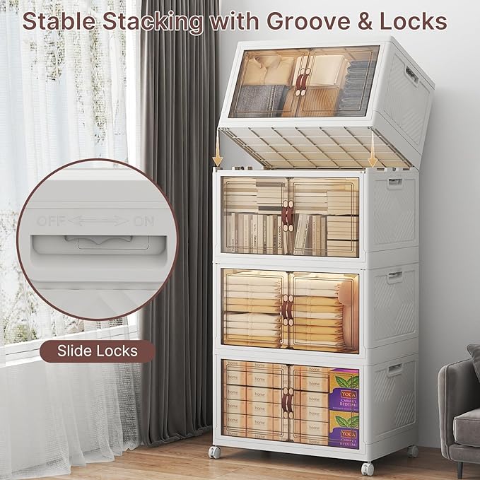 UAMFURI Stackable Storage Bins with Lids, 480QT Closet Organizers, Lockable Storage Cabinet，Foldable Storage Box with Doors and Wheels, Plastic Drawers for Home, Garage, Office (4, White, Large)