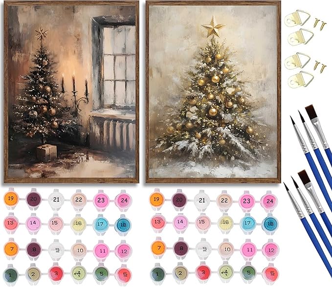 Paint by Number Kit, 2 Pack Christmas Scenes (16x20 Inch Each) - Vintage Tree with Candles & Golden Snowy Tree, DIY Acrylic Painting Kits for Adults Home Decor Unframed