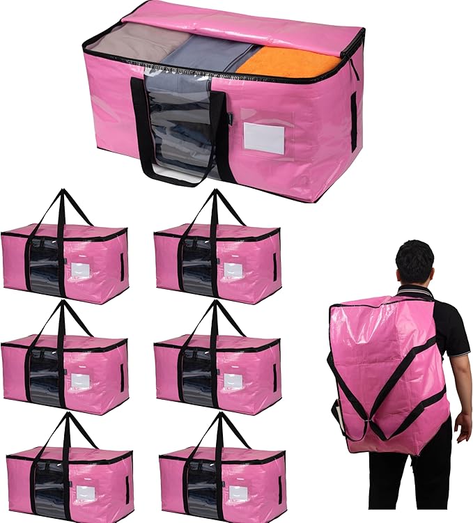 6-Pack Extra Large Heavy Duty Moving Bags with Zippers & Reinforced Handles - Pink Clothes Storage Bags, Oversized Packing Totes for Moving & Organizing