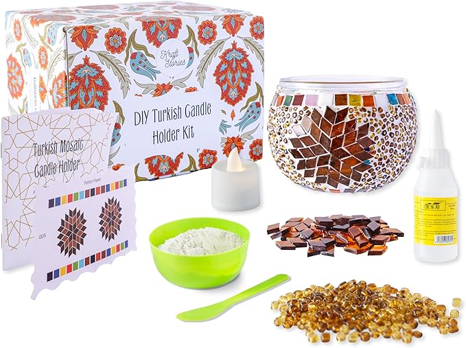 KRAFTSTORIES Turkish Mosaic DIY Candle Kit - Glass Decorative Tealight Holder for Living Dining Room Bedroom | Make Your Own Mosaic Candle Holder | Craft Kits for Adults (Brown)