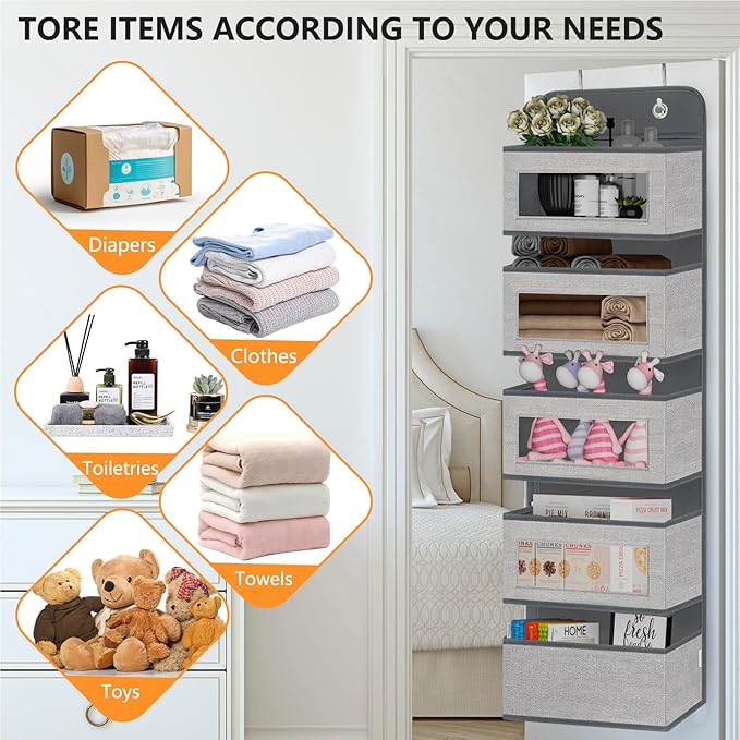 VERONLY Over The Door Hanging Organizer Storage with 5 Large Pockets,Wall Mount Clear Windows and 2 Widened Metal Hooks for Pantry,Nursery,Diapers,Bathroom,Kitchen,Closet,Dorm