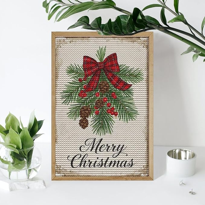 AIVKIEJK Diamond Painting Kits for Adults - Merry Christmas Holly, Pine Cones & Red Plaid Bow Painting DIY 5D Full Drill Diamond Dots Paintings with Diamonds Gem Art and Crafts Home Decor 8"x12"