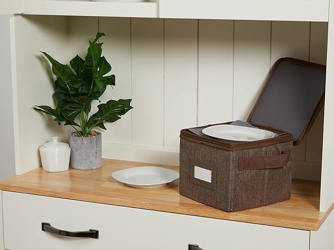 Covermates Dish Storage Box Set – China & Dinner Plate Storage Containers with Felt Dividers, Dual Zippers, Reinforced Handles, ID Window & Stackable Design, Brown Heather