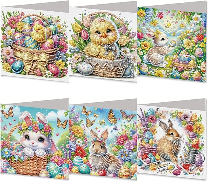 DoxQcs 5D Diamond Art Painting Greeting Cards Kit, DIY Cards for Blessings Congratulations Gifts, Greeting Card Set for Birthday Thanksgiving Day Christmas Halloween-Easter Rabbit