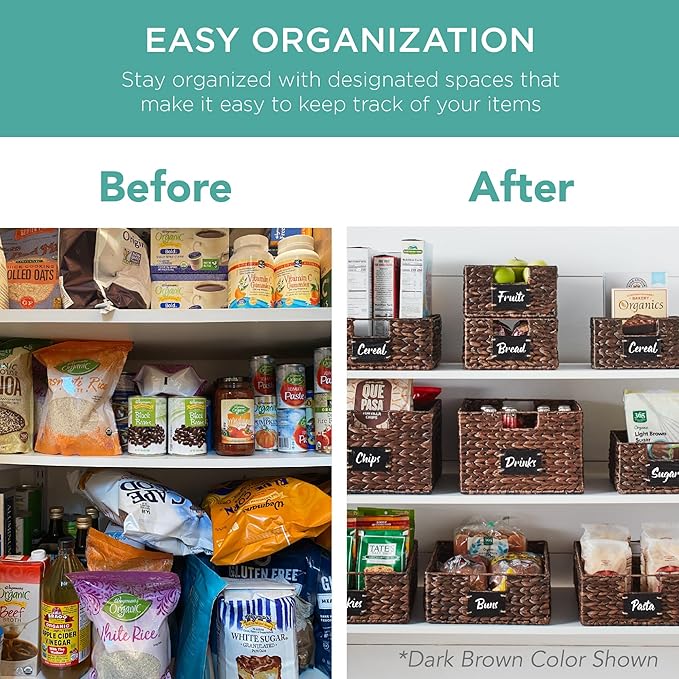 Best Choice Products Set of 4 13x12in Water Hyacinth Pantry Baskets, Woven Organizers w/Chalkboard Label, Chalk Marker - Chestnut