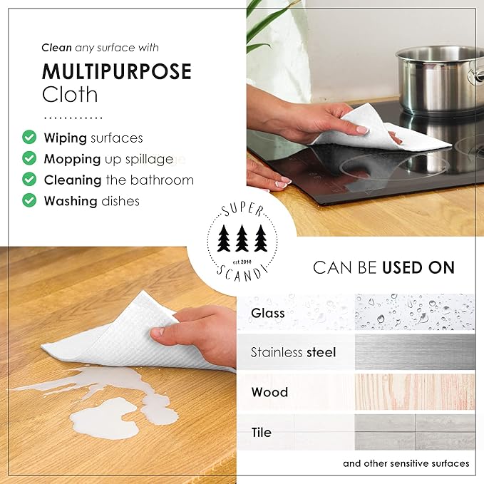 SUPERSCANDI 5 Pack Swedish Dishcloths for Kitchen - 100% Biodegradable & Compostable Reusable Paper Towels Washable, Food-Safe & Without Plastic - Dish Rags Suitable for Any Surface, Artdeco Blue