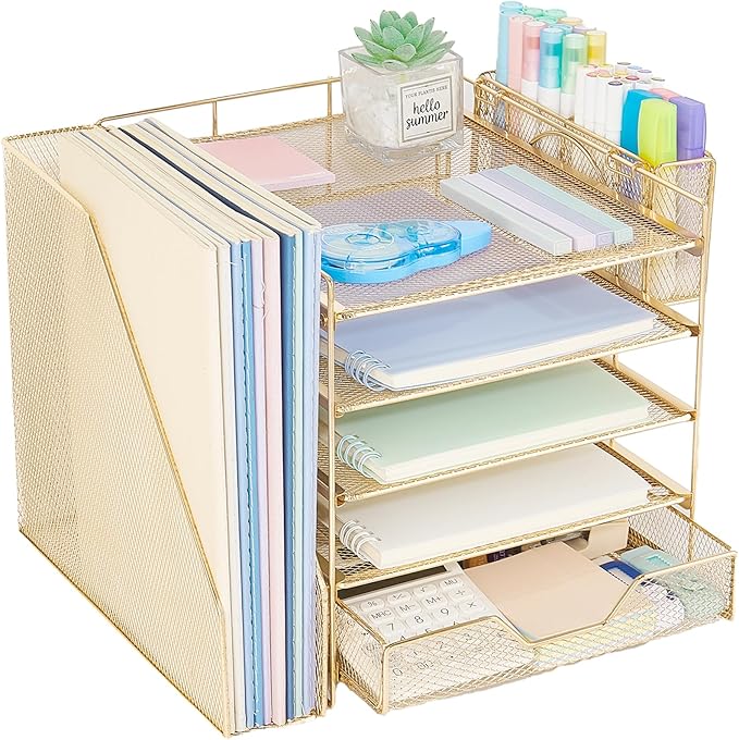 Desk Organizer, 5-Tier Paper Letter Tray Organizer with File Holder, Drawer and Pen Holder, Desktop Organizer for Office Supplies, Gold