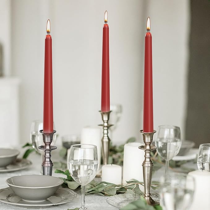 KONNI 0.87×10 Inch Dark Red Taper Candles, Unscented and Smokeless Tall Candlesticks, 10 Pack Tapered Candles with Cotton Wicks, Long Burning, Ideal for Weddings, Dinner Parties, and Home Décor