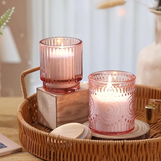 8 Pack Pink Assorted Glass Candle Jars for Making Candles-7 Oz, Empty Candle Containers, Candle Making Supplies, Candle Vessels with Bamboo Lids & Warning Labels, Centerpiece Table Decor