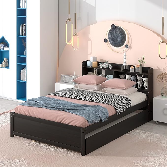 Harper & Bright Designs Full Size Bed Frame with Bookcase Headboard, Wooden Full Size Platform Bed with Trundle and Storage for Kids Girls Boys, No Box Spring Needed, Easy Assembly, Espresso