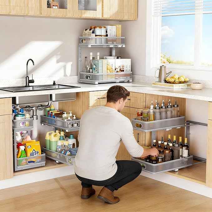 Under Sink Organizer 2 Pack, High Adjustable 2 Tier Under Sink Organizers and Storage, Slide out Metal Cabinet Organizers, Pull out Storage Drawer Shelf for Kitchen Bathroom Cabinet