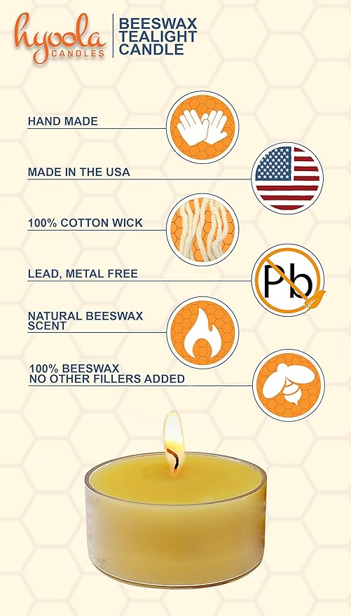 Hyoola Pure Beeswax Tea Lights, Handmade Decorative Unscented, Tealight Candles, 4 Hour Burn Time, Clear Cup (Pack of 48)