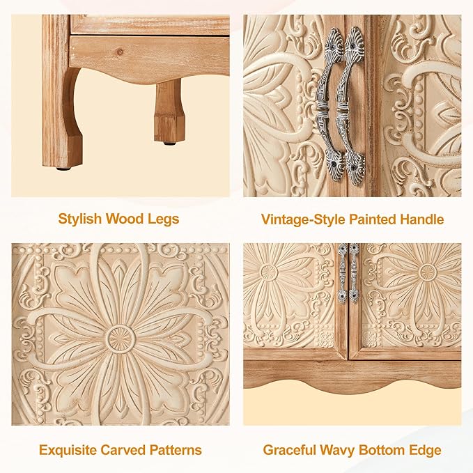 RoyalCraft Sideboard Buffet Kitchen Storage Cabinet, Solid Wood Credenza Accent Cabinet, Cupboard Console Table with 2 Craved Decorated Doors for Dining Room, Living Room, Hallway (Natural)