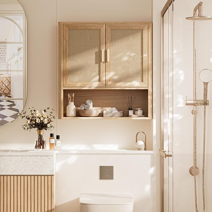 INNOD Rattan Bathroom Wall Cabinet with Open Compartments, Wall-Mounted Medicine Cabinet with Adjustable Wood Shelf & Doors, Over The Toilet Storage Cabinet for Laundry Room & Kitchen & Living Room